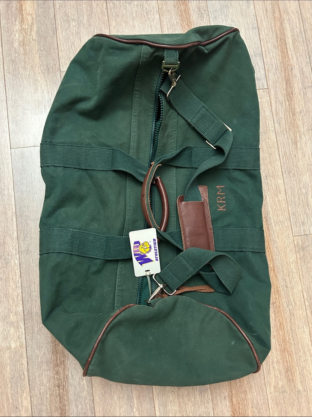 VTG Lands' End Dark Green Canvas Duffel with Brown Trim large square rigger